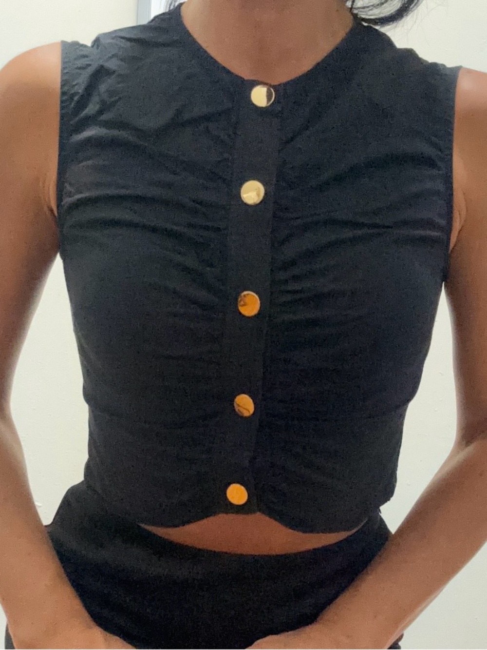 Derek Lam Io Crosby Sleeveless Black Ruched Crop Top with Gold Buttons